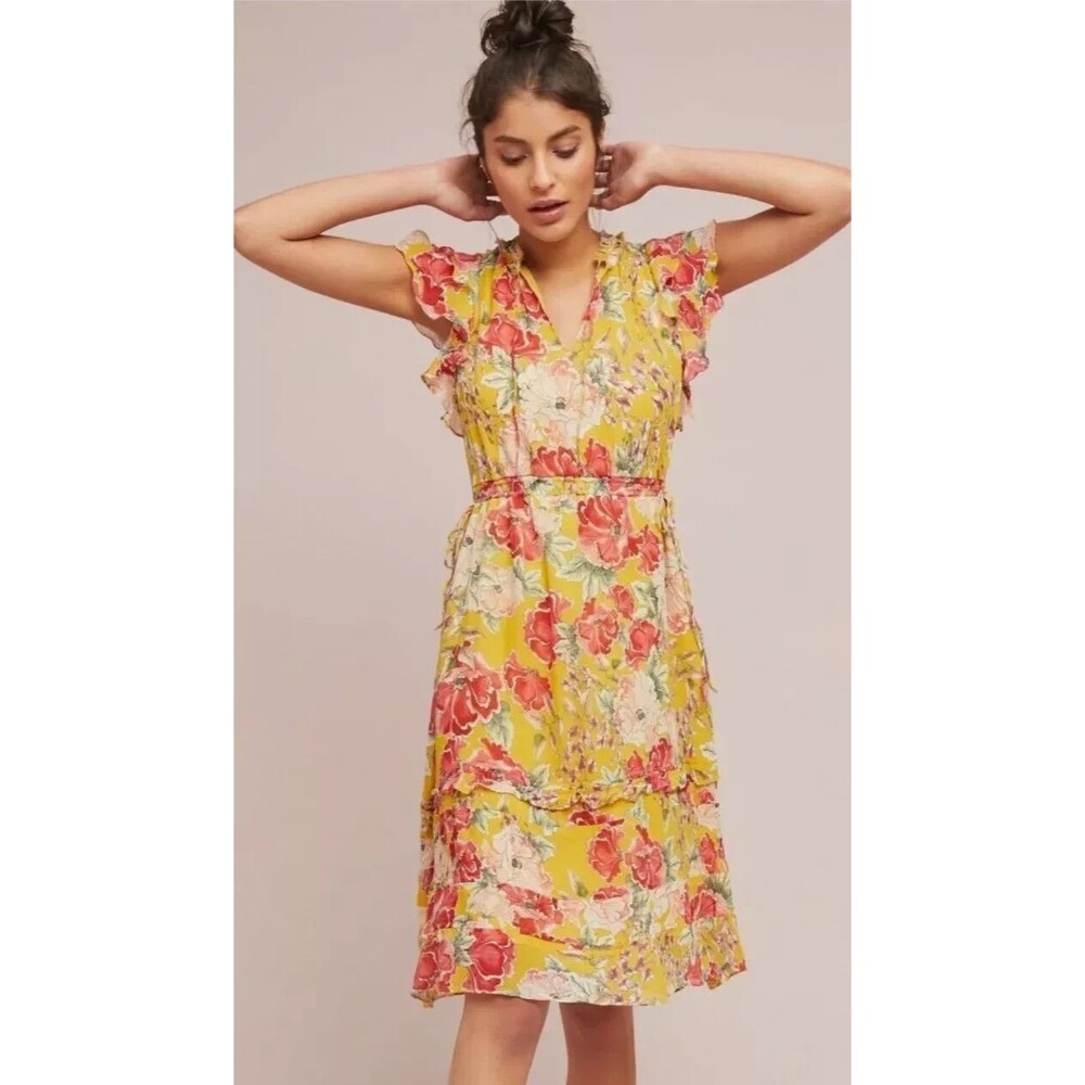 dolan Yellow Floral Midi Dress with Pink & Cream Blooms